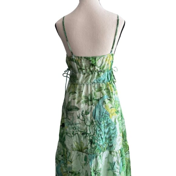 H&M BEAUTIFUL PEACOCK AND PLANTS DESIGN, GREEN LONG DRESS, SZ. M - Picture 8 of 12